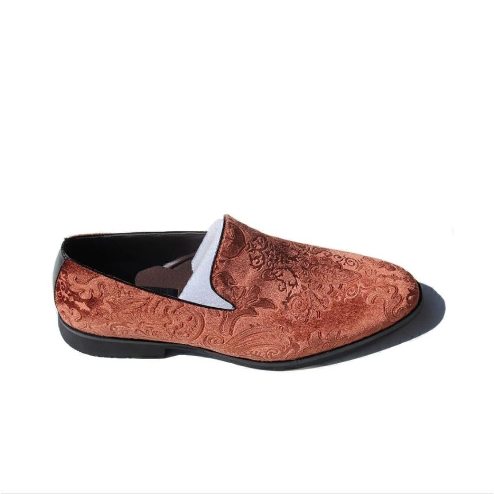 MEN'S FREDERICO LEONE COGNAC SLIP ON VELVET JACQUARD TUXEDO SHOE.